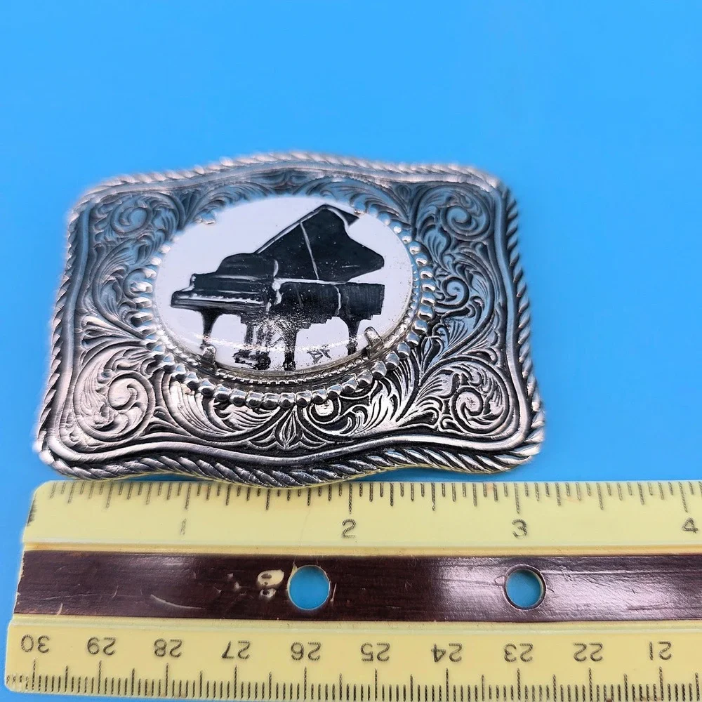 Vintage Western Belt Buckle Silver‎ Tone Ornate Scroll Grand Piano